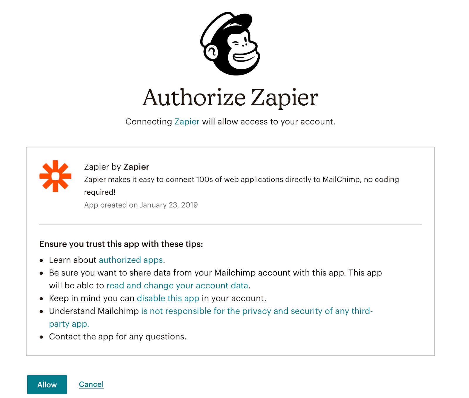 Authorize Zapier MailChimp