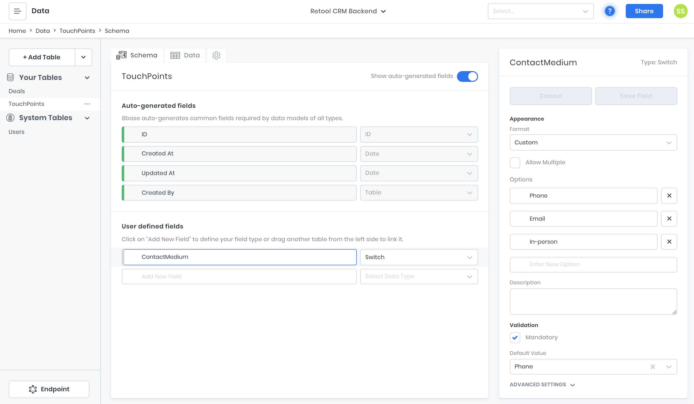 Setting touch points contact medium for Custom CRM project