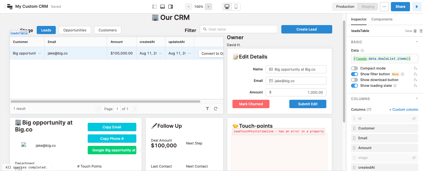 Deals table for the custom CRM