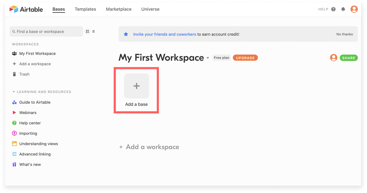 A screenshot of the Airtable dashboard with a button that says "Add a Base" circled in red.