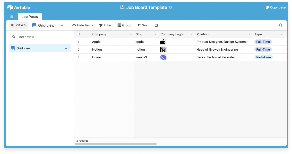 A screenshot of an Airtable Base called "Job Board Template" with data inputted for three companies.