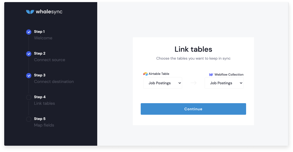 A screenshot from Step 4 of the Whalesync setup flow where a user is prompted with two dropdowns to link tables.
