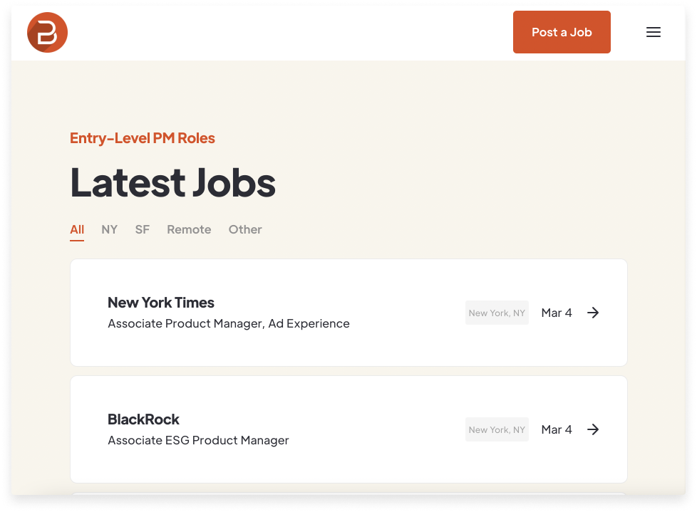 A screenshot from Break Into Product, a job board built with no-code tools.